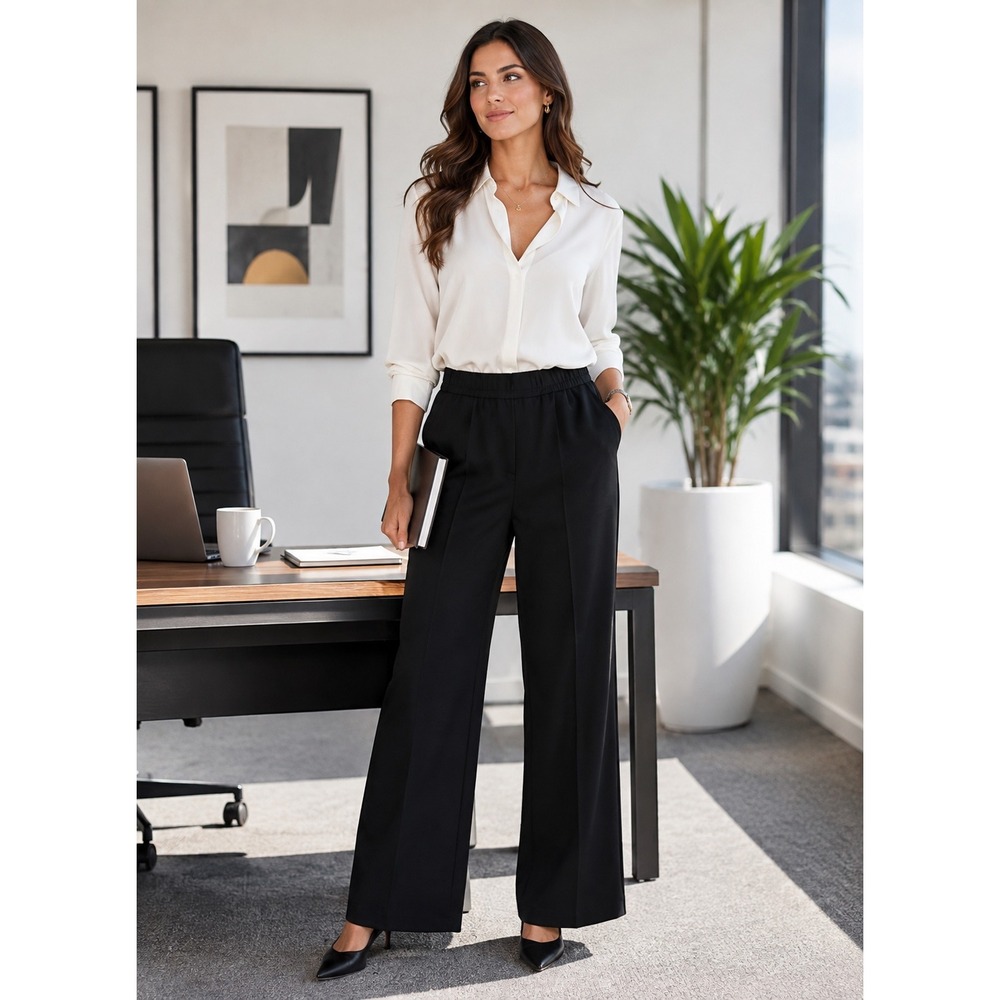 Dictionary Womens Black Wide Leg Trousers Size XL 16 Stretch Pockets Office